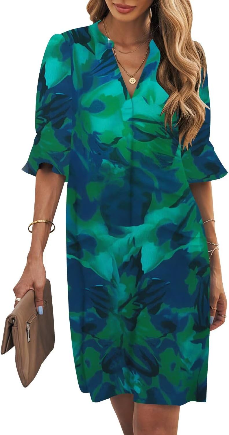 Wkior Shift Dress for Women V Neck Short Sleeves Casual Style