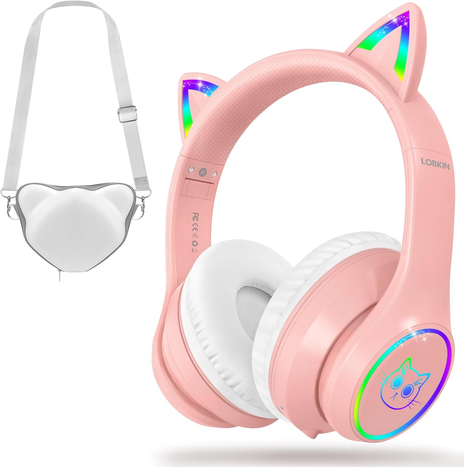 LOBKIN Bluetooth 5.4 Kids Headphones with RGB LED Cat Ears