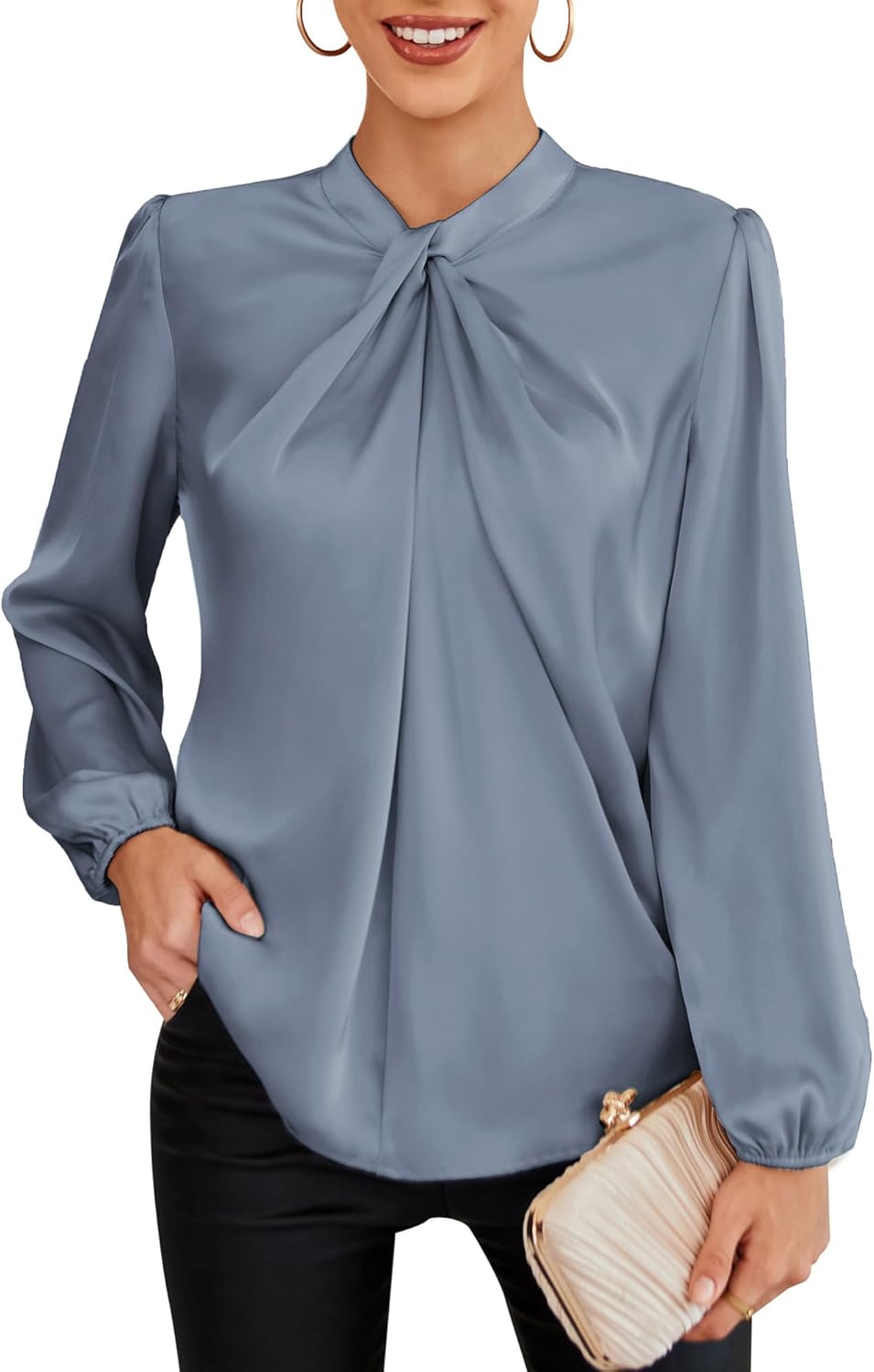 Satin Blouse for Women - Long Sleeve Mock Neck Work Top