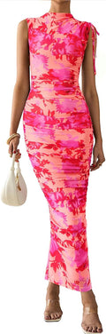 PRETTYGARDEN Women's Summer Maxi Floral Ruched Bodycon Dress