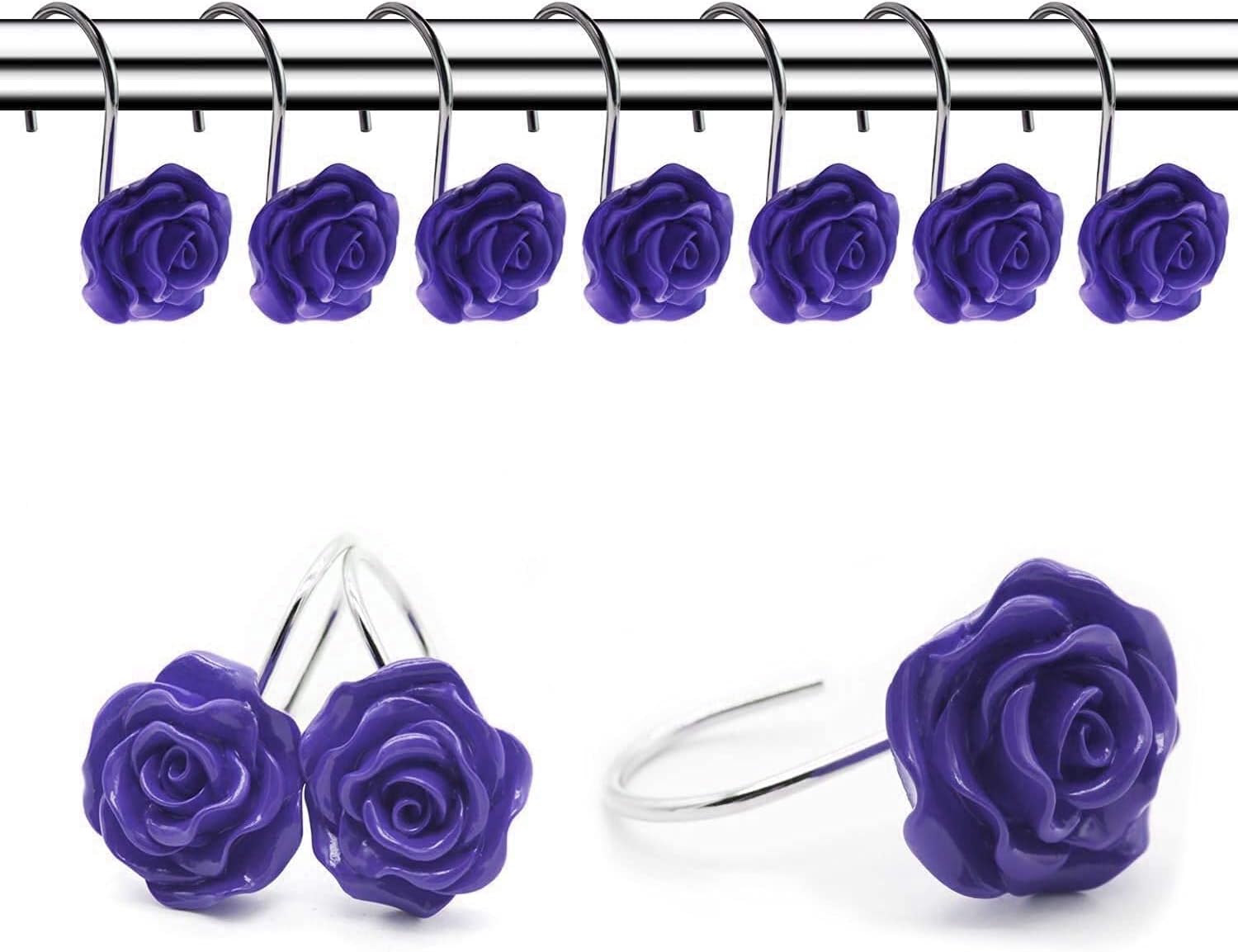 FINROS 12PCS Purple Rose Shower Curtain Hooks - Anti Rust Decor