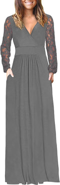 Elegant Women's Long Sleeve Maxi Dress Featuring Lace and Pockets