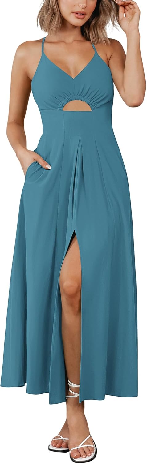 BTFBM Women Summer Spaghetti Strap Midi Dress with Pockets