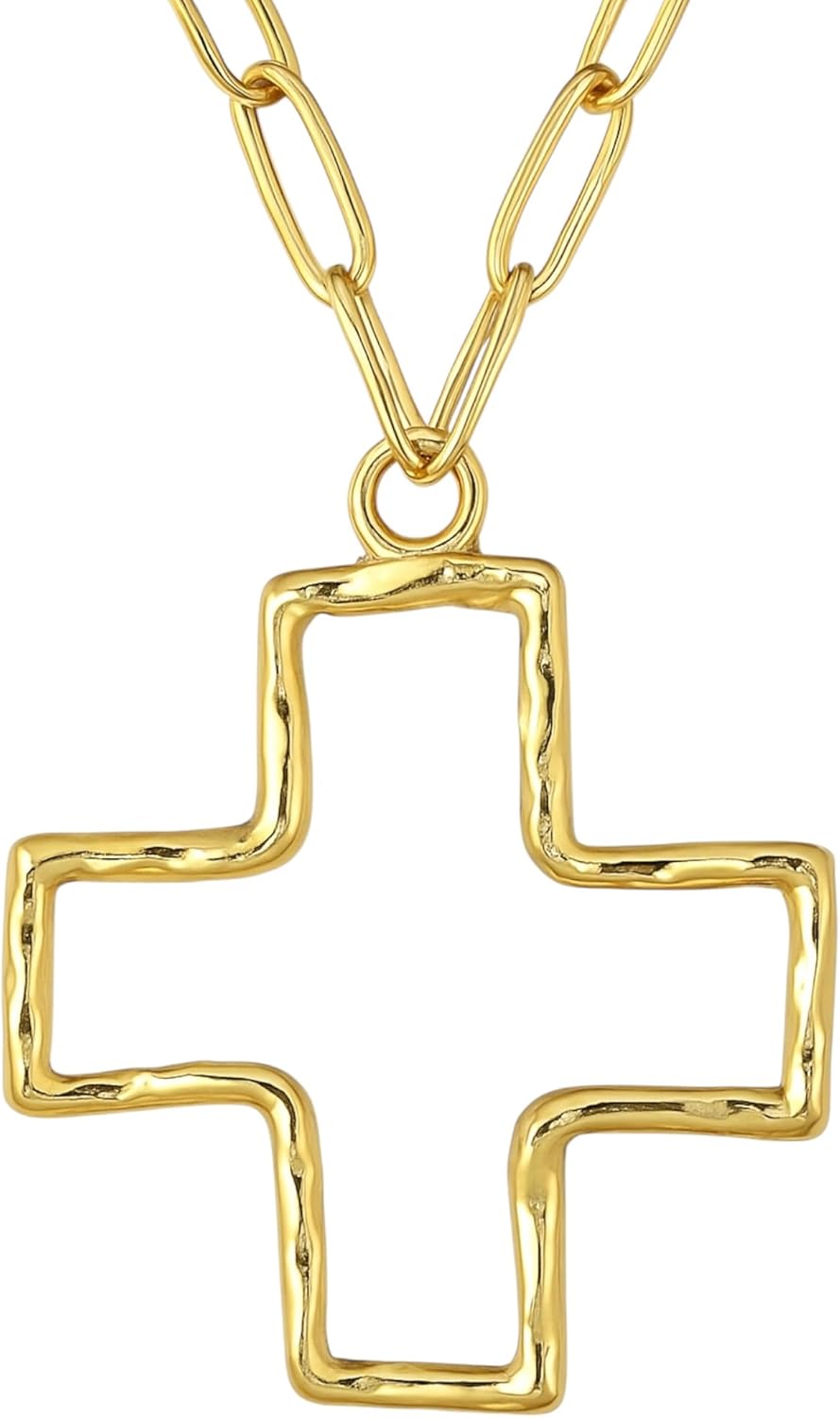 Large Cross Necklace 18k - Hammered Open Cross Chain Style