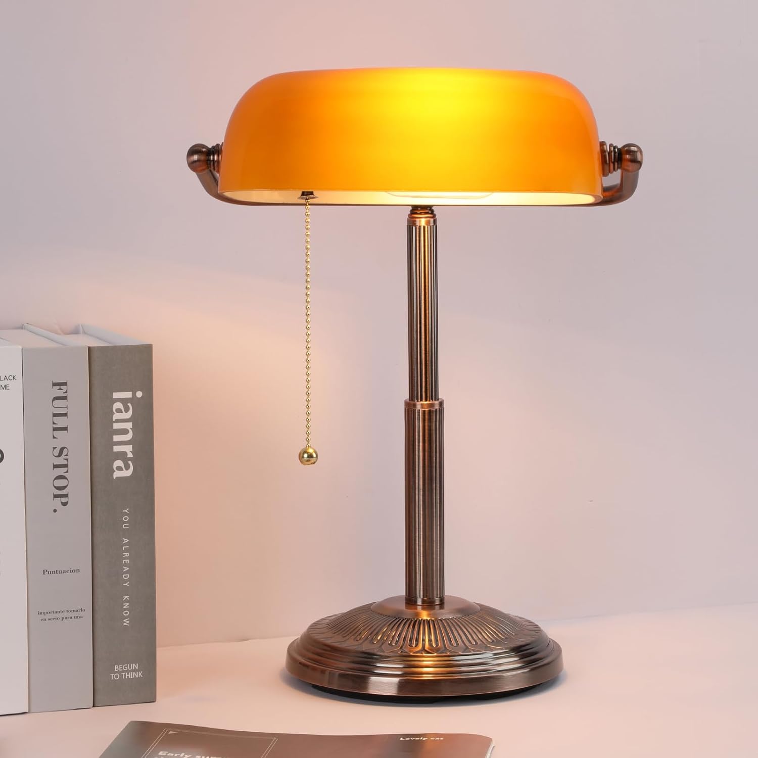 Vintage Amber Banker's Desk Lamp: LED Bulb Included