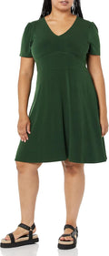 Women's Short Sleeve V-Neck Gathered Fit and Flare Dress - Flattering