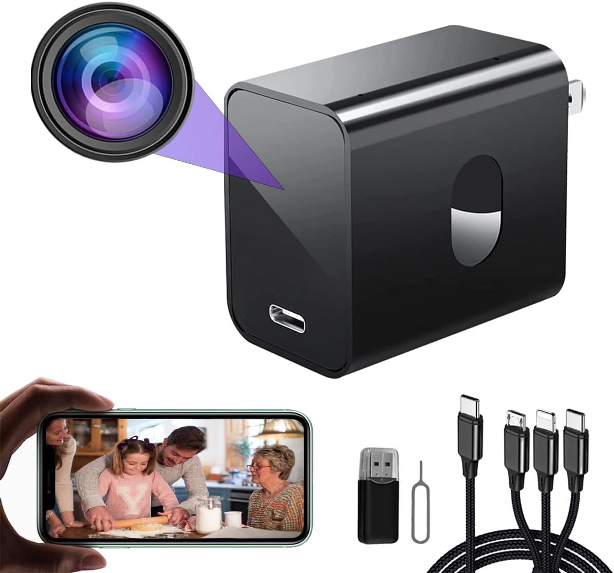 4K Spy Camera Charger with Night Vision and Human Detection