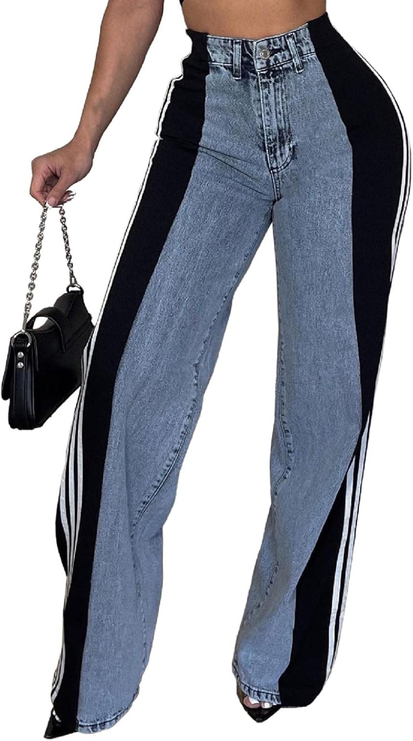 Womens High Waisted Wide Leg Striped Patchwork Denim Pants