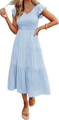 MEROKEETY Flutter Sleeve Smocked Midi Dress V Neck - Flattering
