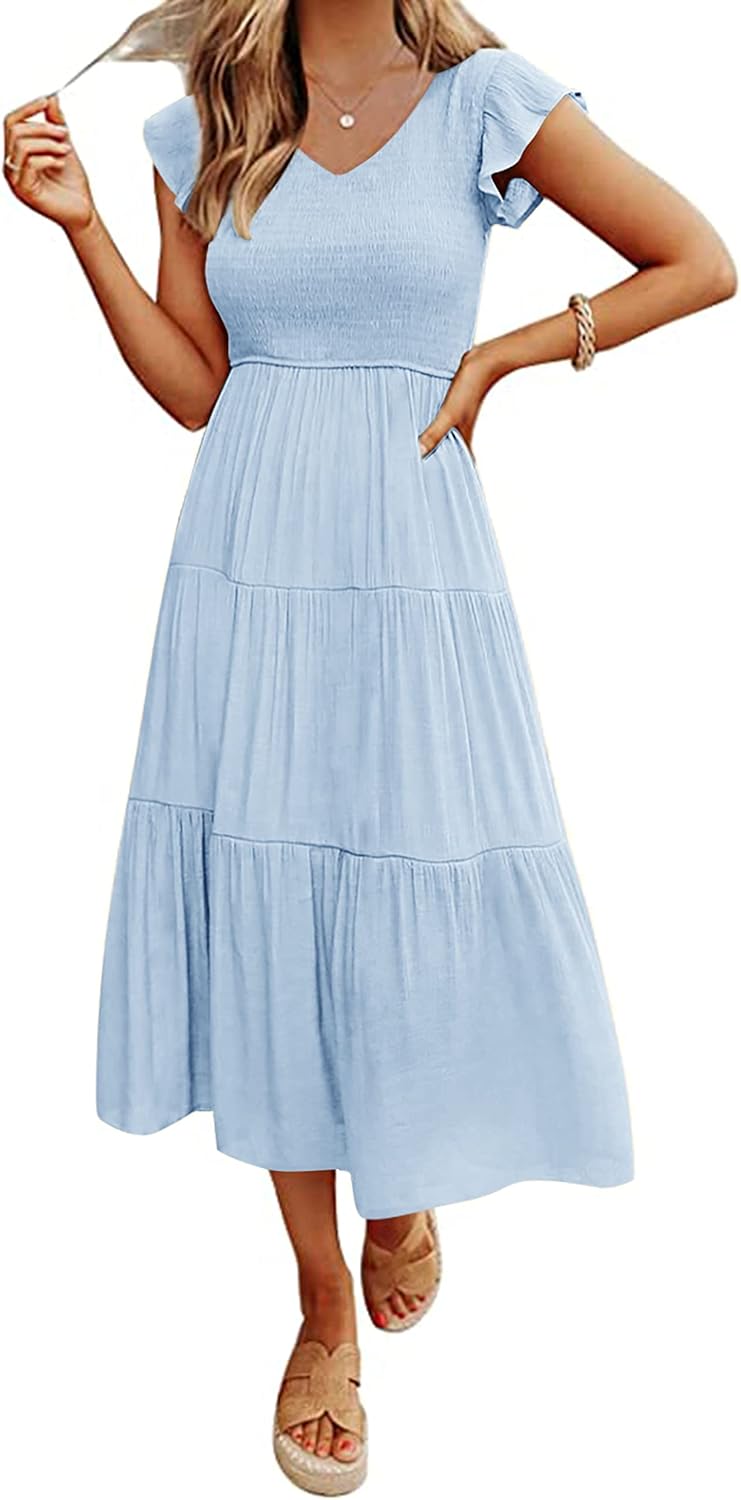MEROKEETY Women's Flutter Sleeve Midi Dress with Pockets