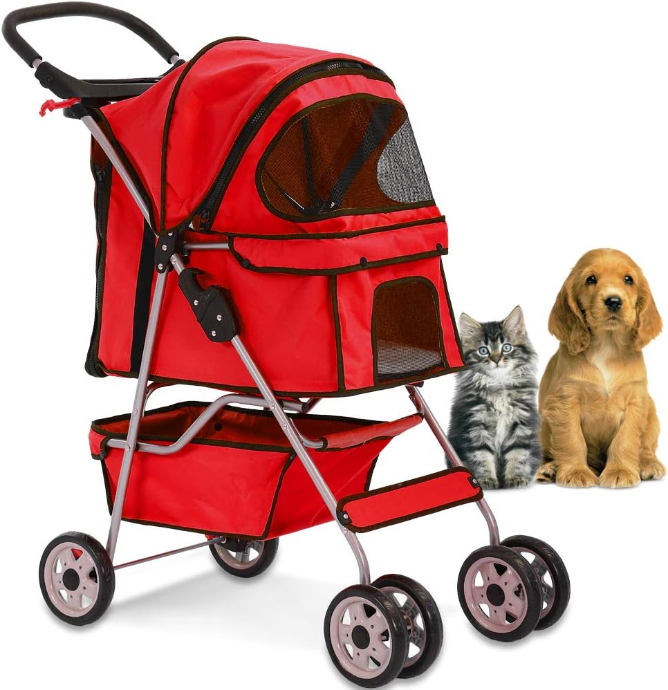 4 Wheels Pet Stroller for Cats and Dogs - Travel Folding Carrier