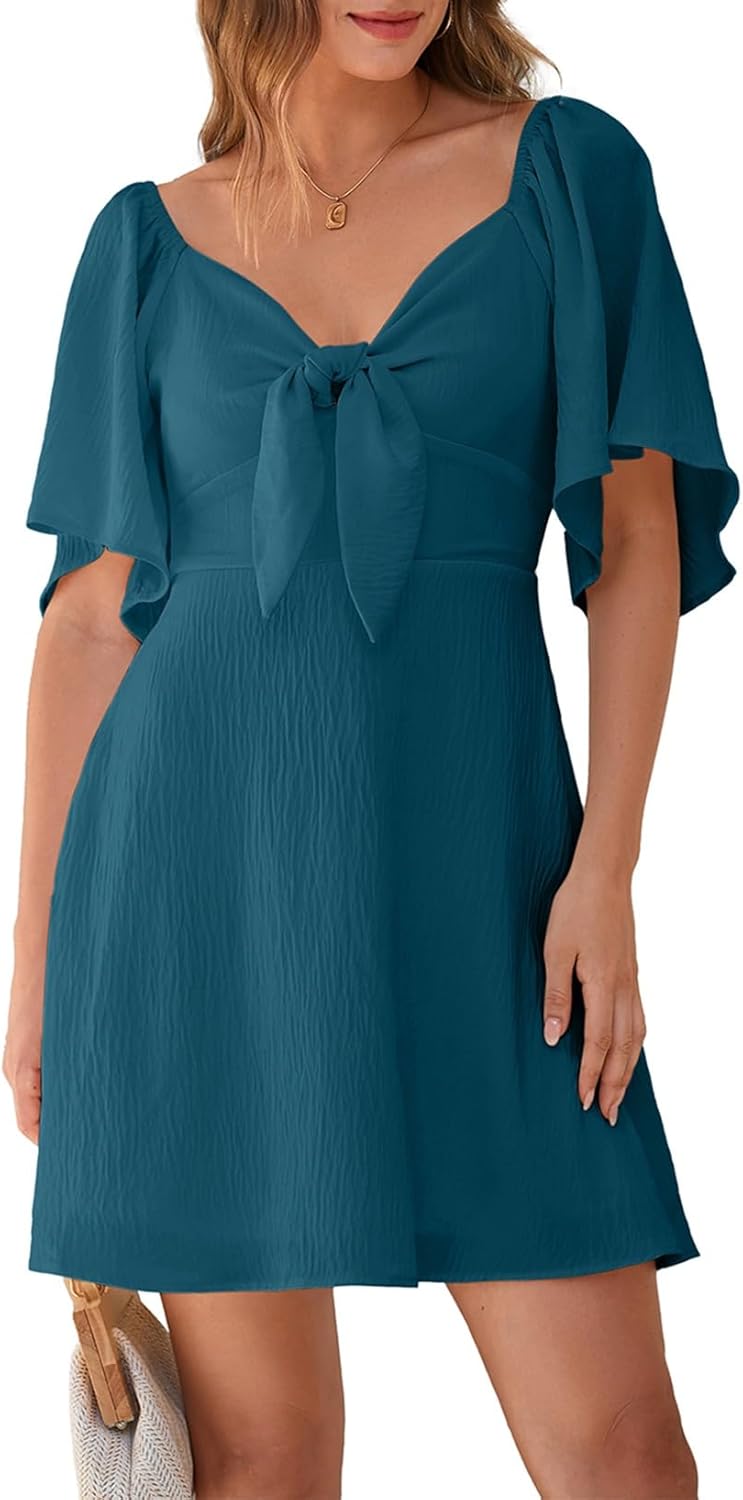 Dokotoo Womens Dresses Deep V Neck Elegant Bow Tie Mini Dress
