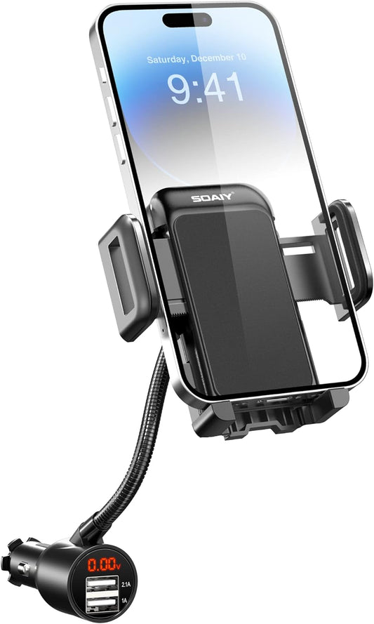 SOAIY 3-in-1 Car Mount: Dual USB Charger & Adjustable Cradle