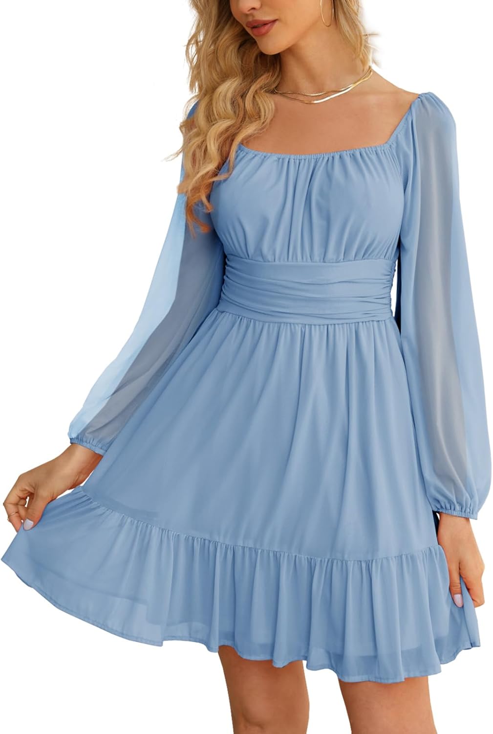 Wenrine Women's Mesh Long Sleeve Square Neck Mini Dress