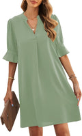 JOCAFIYE Womens V-Neck Ruffled Short Sleeve Casual Shift Dress