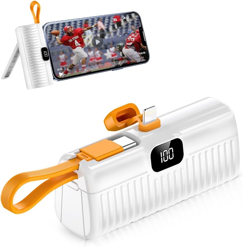 Compact Power Bank: Built-in Cables, Stand, 5000mAh