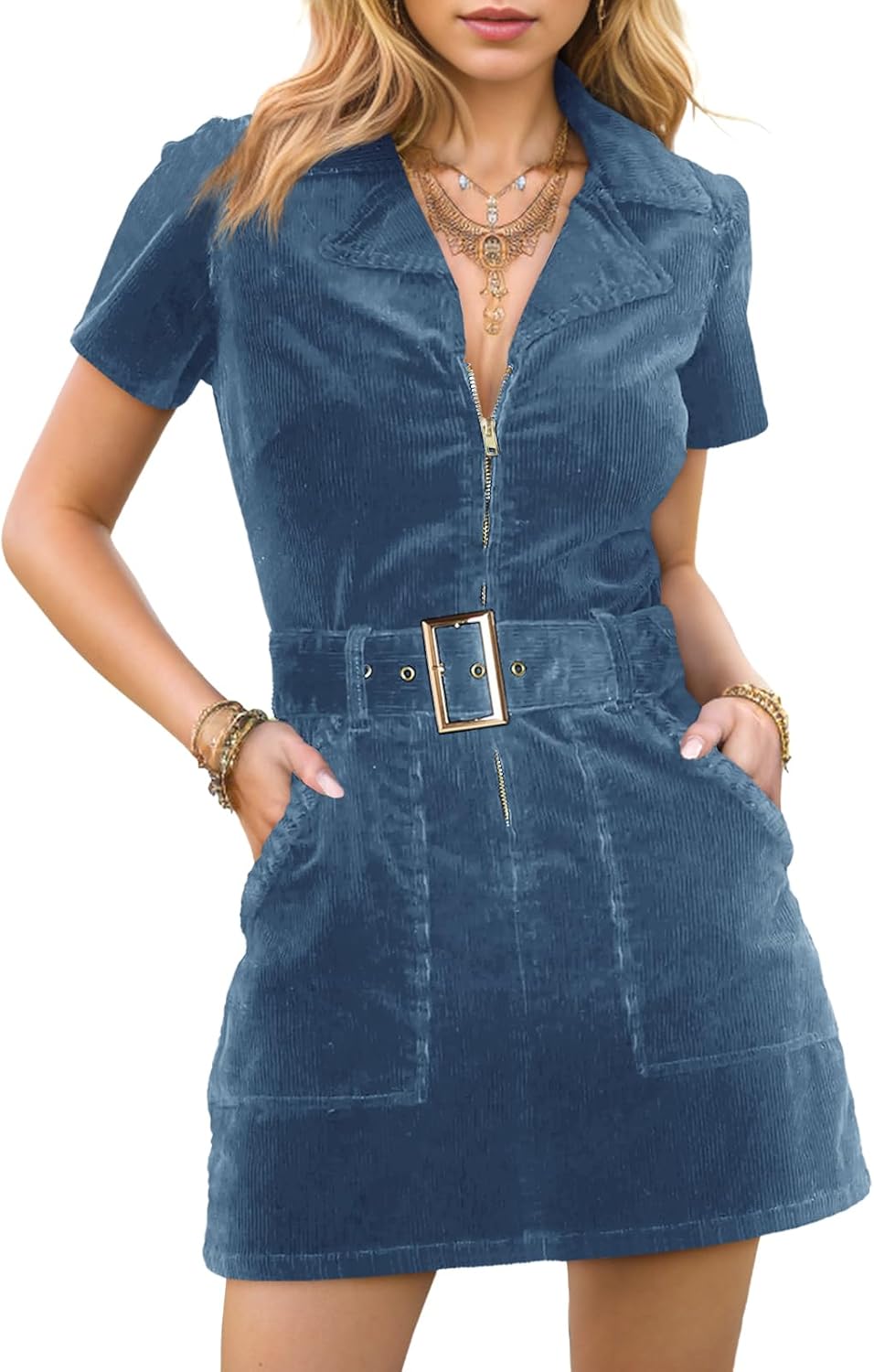 Women's Corduroy Mini Dress with Pockets for Stylish Outings