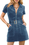 Women's Corduroy Mini Dress Short Sleeve Lapel Zip Up (Style Z7QS)