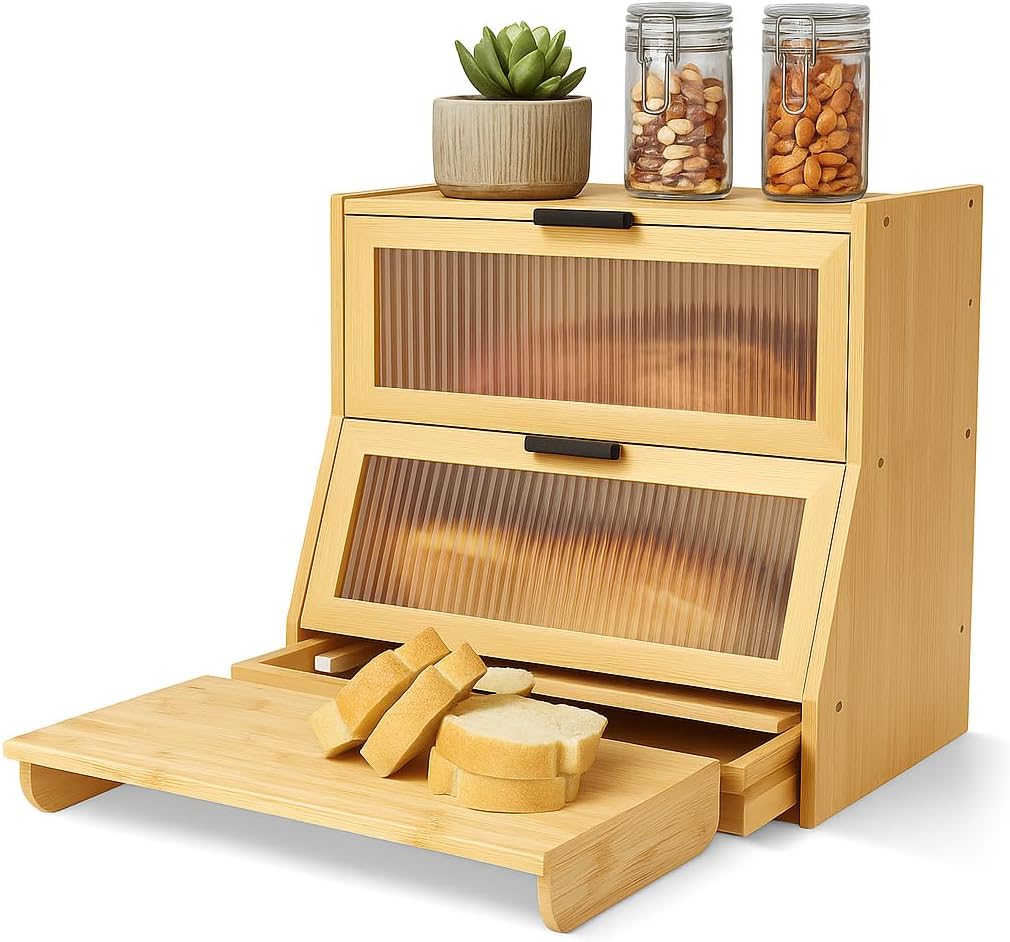 Bamboo Wood Bread Box for Kitchen Countertop with Knife Storage