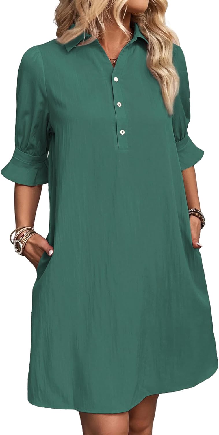 FENSACE Womens Casual Shirt Dress with Ruffle Sleeves and Pockets