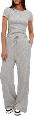 Women's 2 Piece Lounge Set Ruched Top and Wide Leg Pants - Comfortable