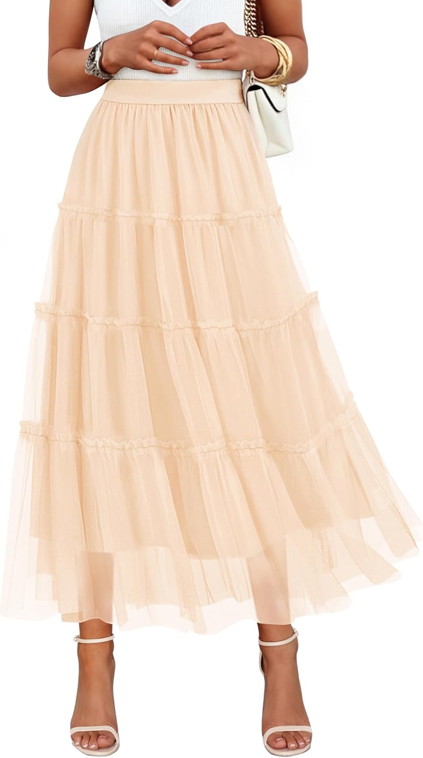 ZESICA Women's Tulle Maxi Skirt A-Line Flowy Ruffle Style