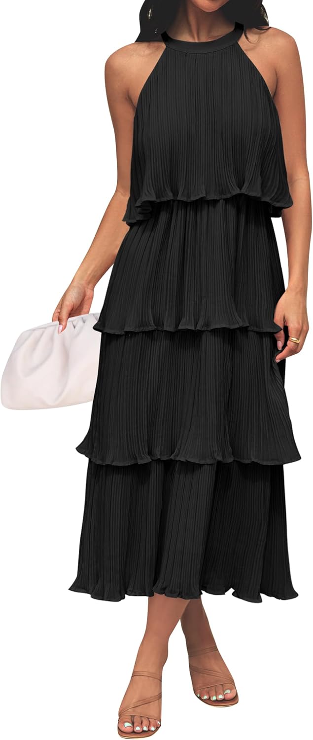 ZESICA Women's Sleeveless Halter Neck Midi Dress for Summer