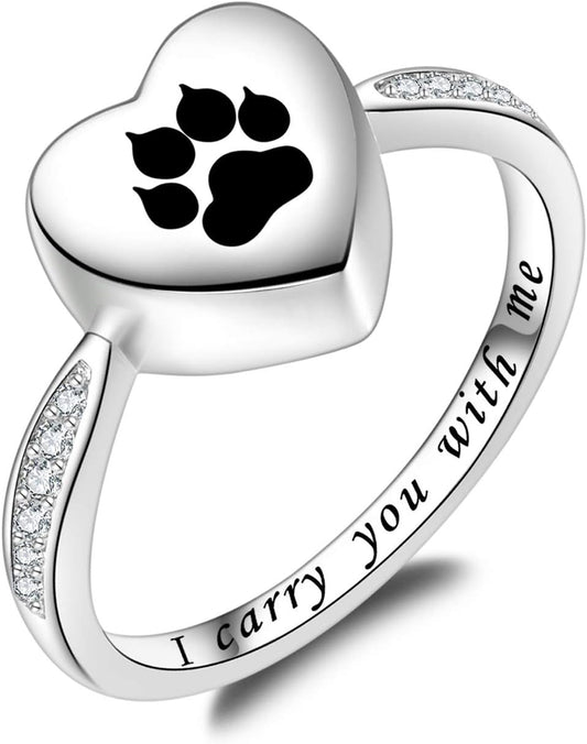 925 Sterling Silver Paw Print Urn Ring for Pet Lovers Forever