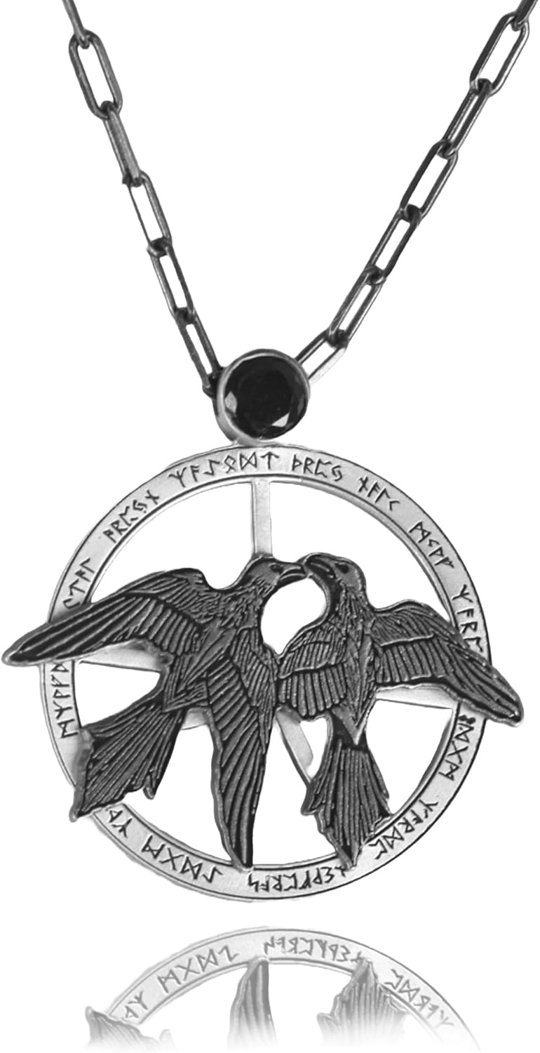 925 Sterling Silver Raven Necklace with Black Onyx & Runes