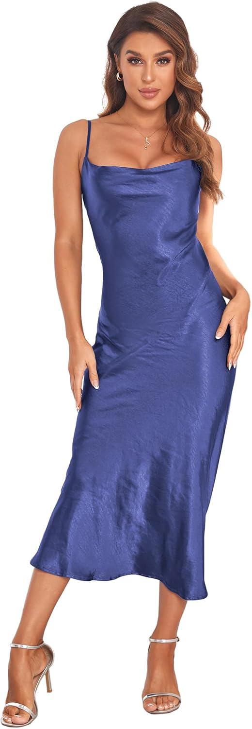 Women's Spaghetti Strap Midi Satin Silk Dress for Parties