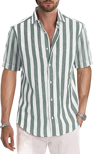 JMIERR Men's Casual Stylish Short Sleeve Button-Up Striped Shirt