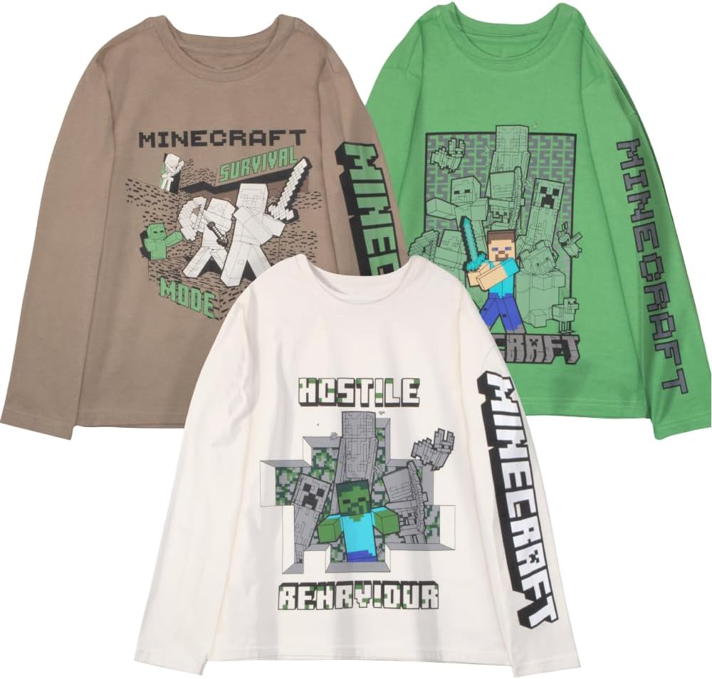 Minecraft Boy's T-Shirt 3-Pack - Long Sleeve Graphic Tees