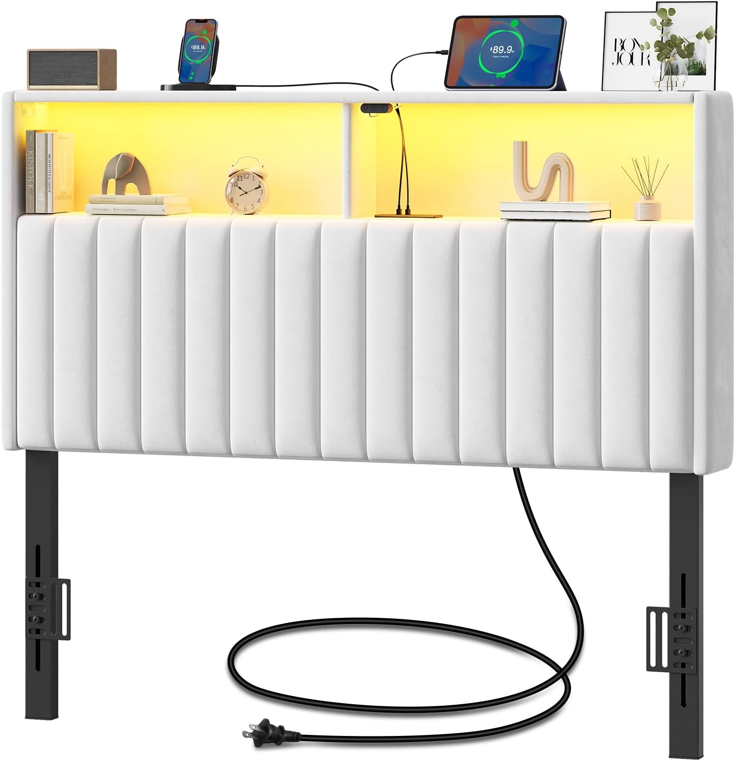 Rolanstar Velvet Upholstered Headboard for Twin Bed with Storage