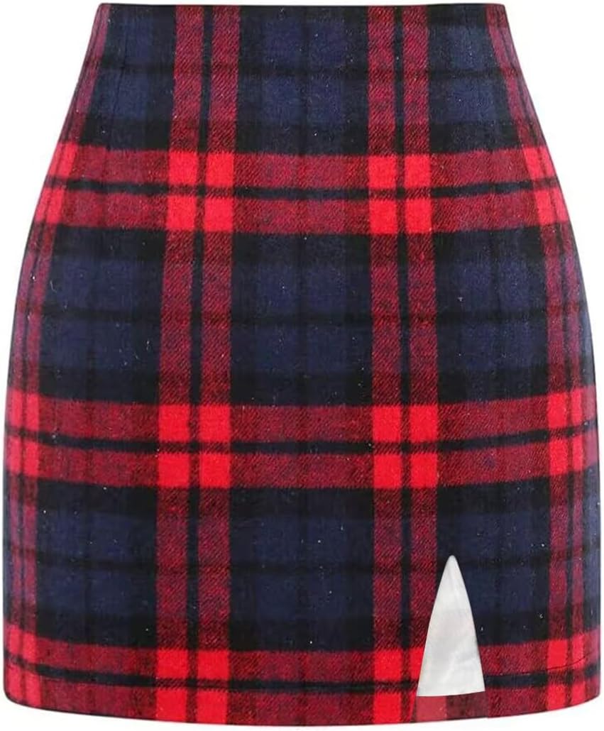Plaid Mini Skirts for Womens High Waisted Wool Bodycon Style