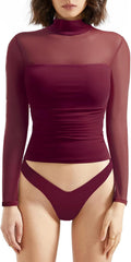 SUUKSESS Women Double Line Mesh Sheer Crop Tank Top - Mock Neck Long