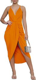 LYANER Boho V Neck Ruched Wrap Slit Hem Spaghetti Strap Midi Dress