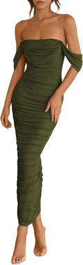 Womens Off The Shoulder Ruched Bodycon Maxi Dress - Summer Split