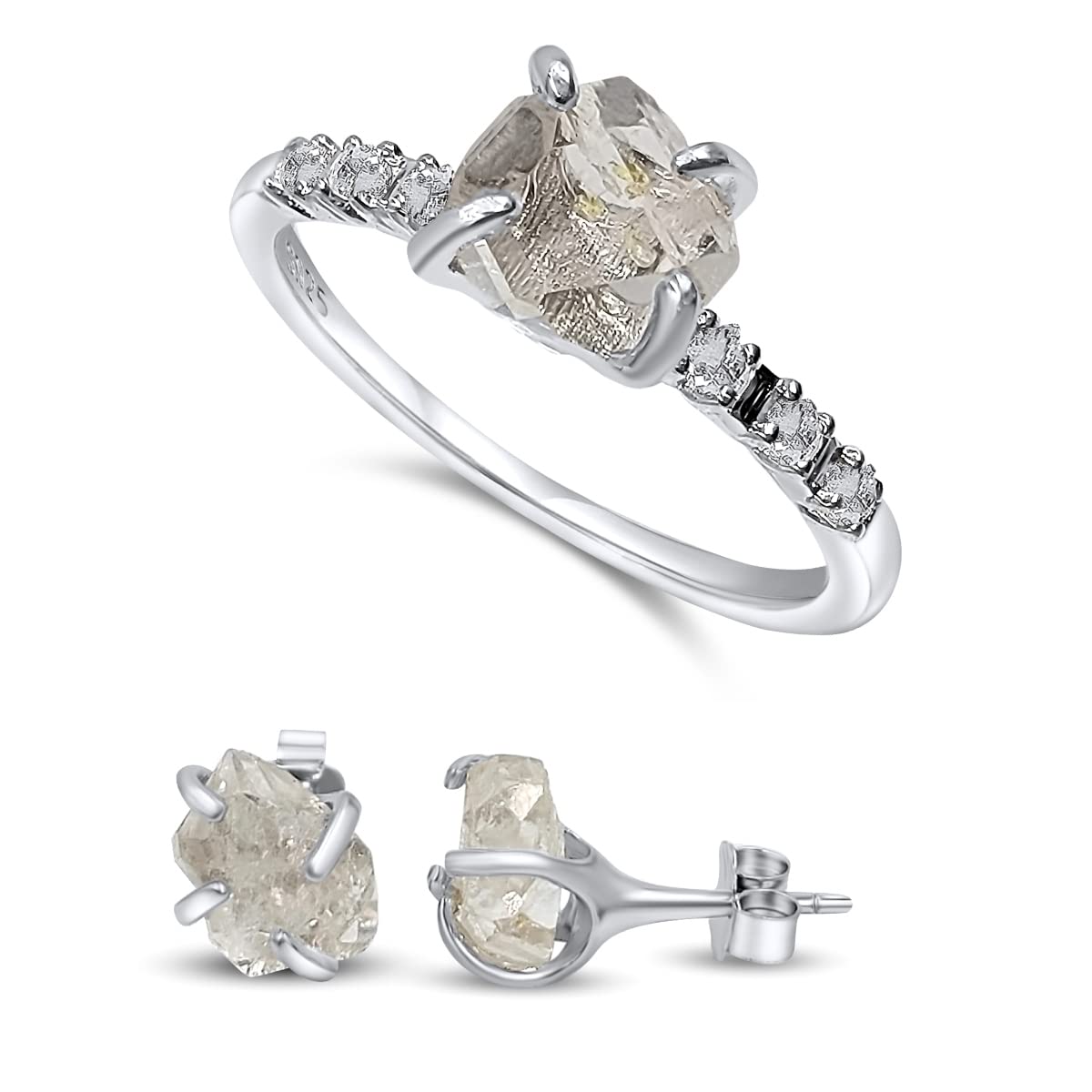Raw Herkimer Diamond Stone Earrings and Dainty Ring Jewelry Set