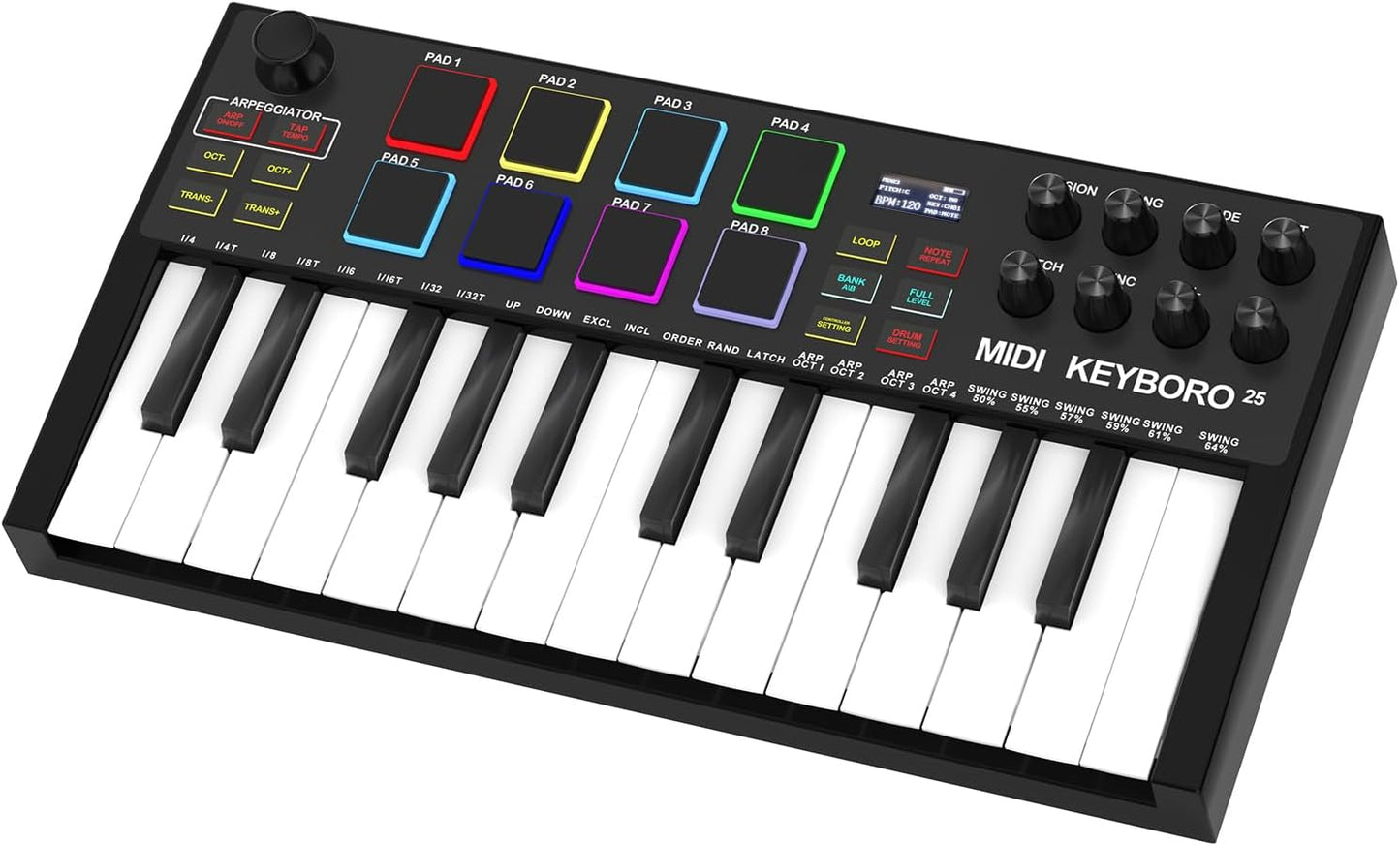 25-Key USB MIDI Keyboard Controller with Backlit Drum Pads