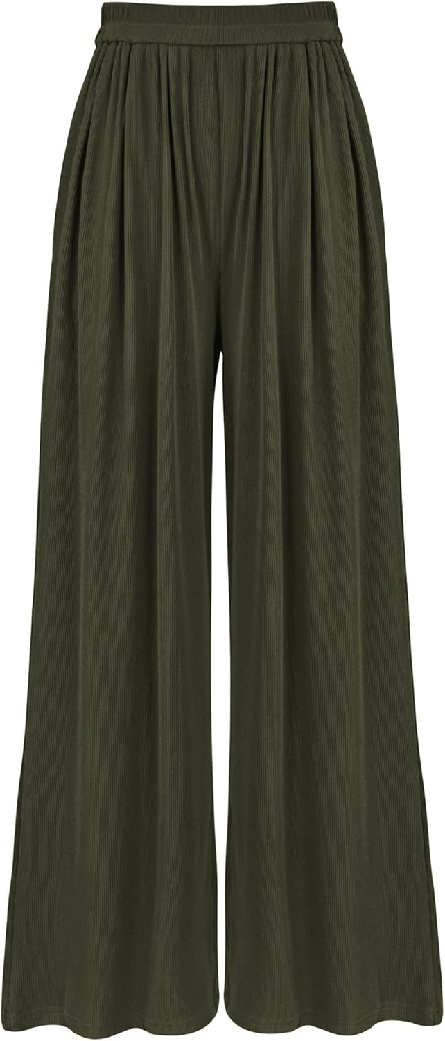 Casual Wide Leg Pants for Women - Pleated Elastic Waist Trousers
