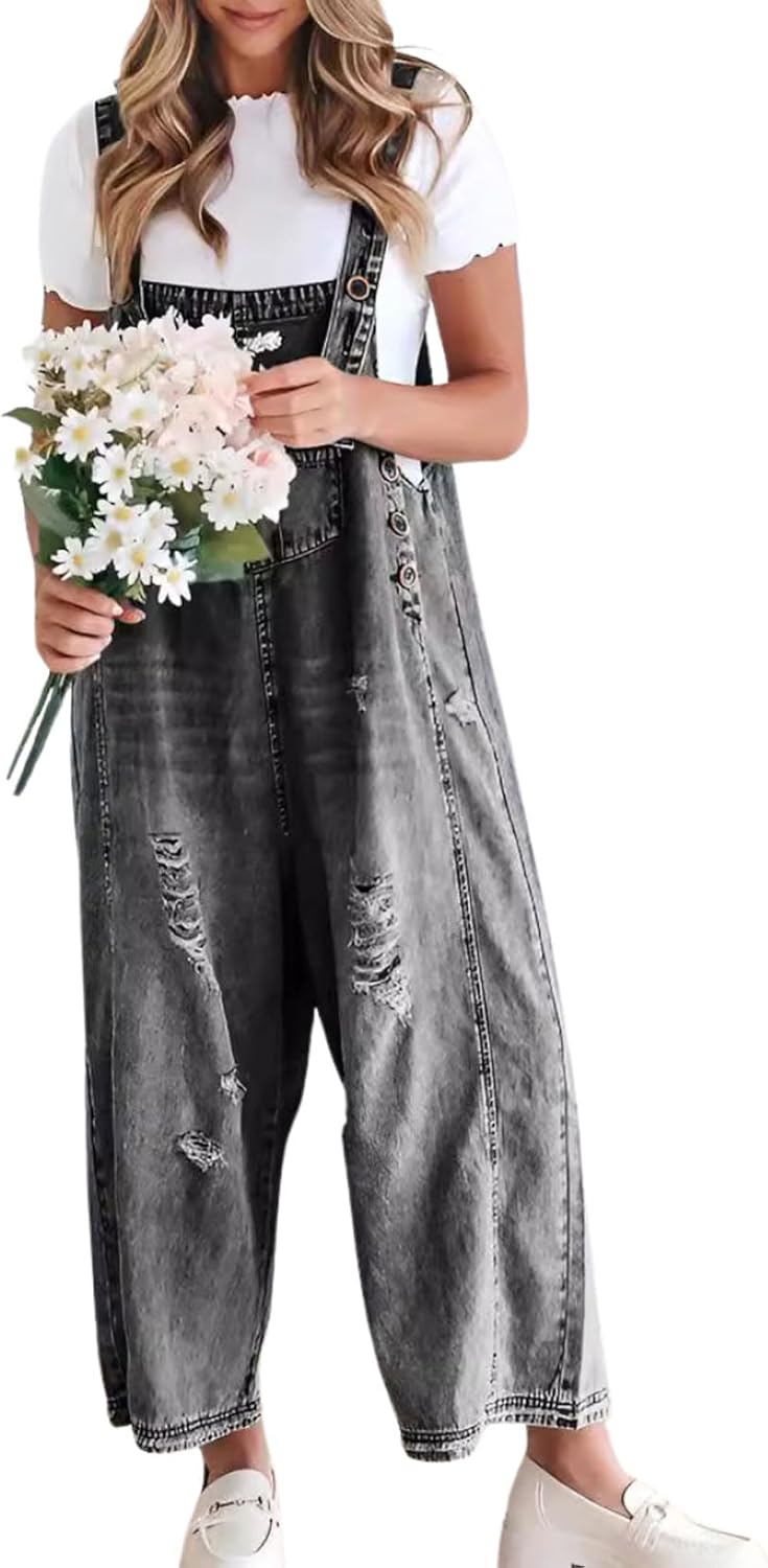 Chouyatou Women Loose Adjustable Strap Denim Bib Overalls