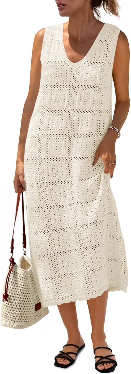 Fisoew Womens Crochet Sleeveless Dress for Summer Beach Fun