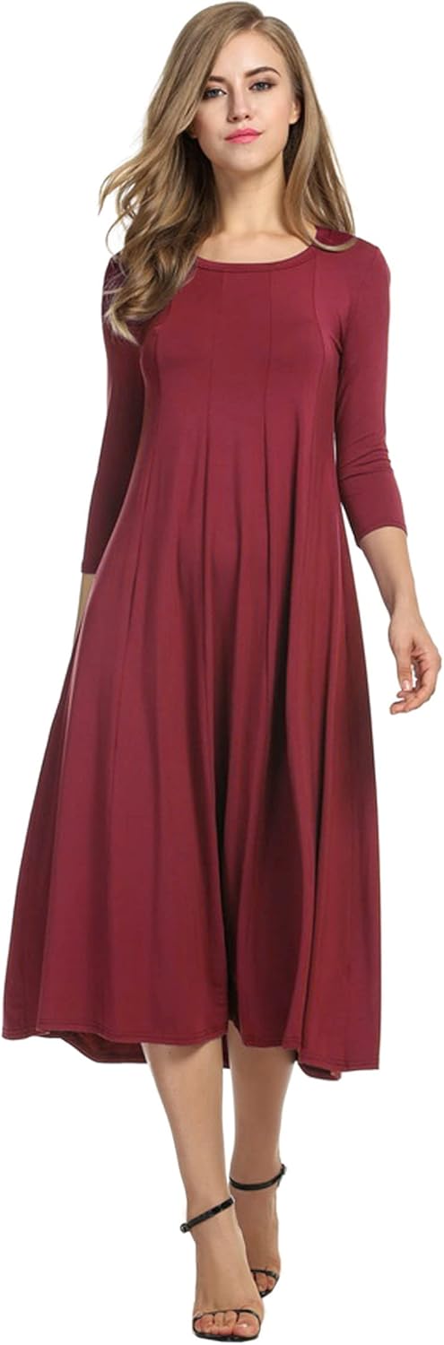 HOTOUCH Women's 3/4 Sleeve A-line Midi Long Dress for Elegance