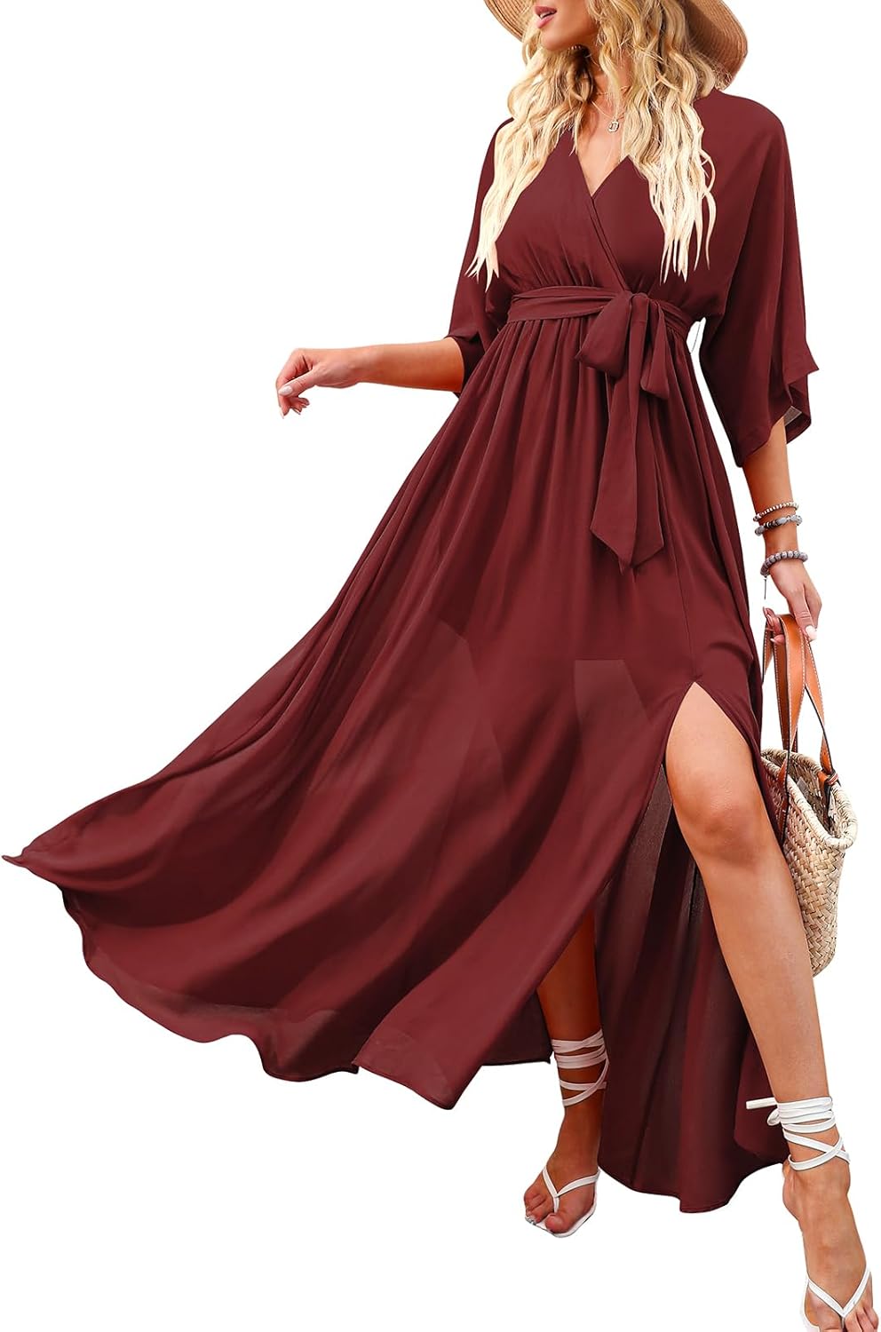 Womens Summer Loose Boho Flowy Wrap V Neck Maxi Dresses