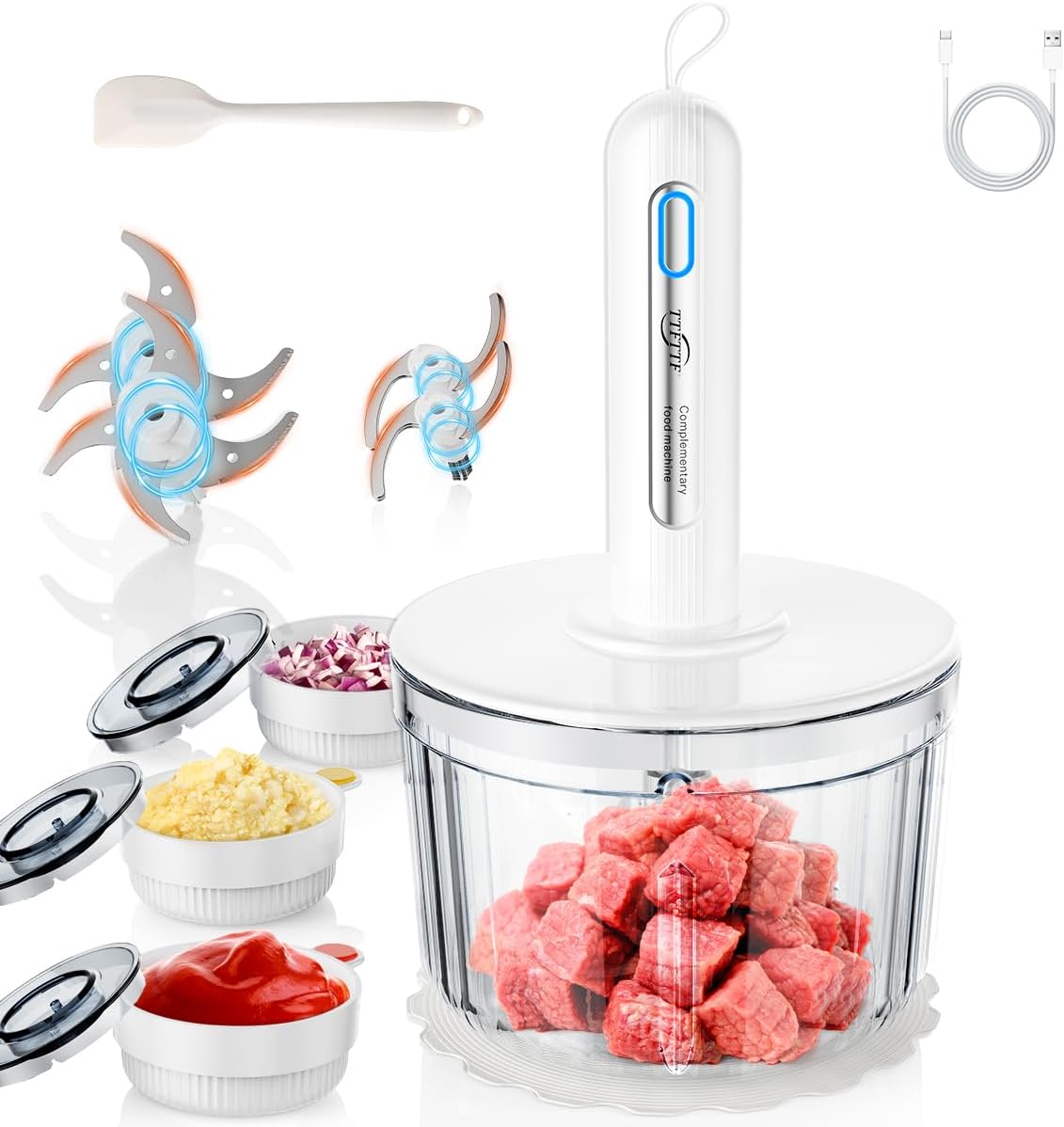 Glass Food Processor with 4 Blades & 4 Bowls for Meal Prep