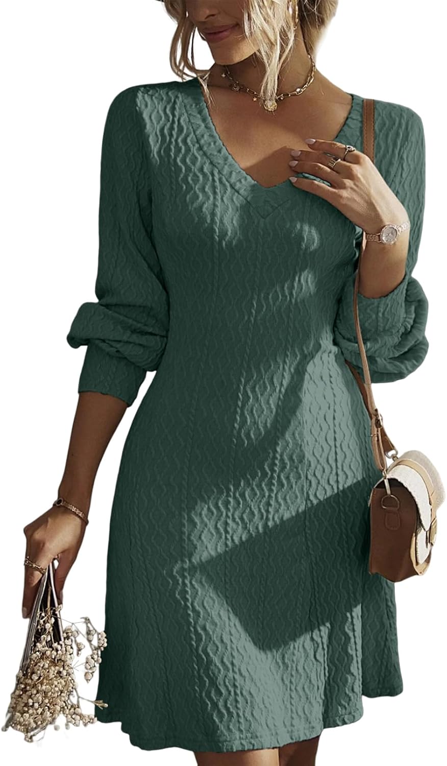 Trendy V Neck Knit A Line Long Sleeve Dress for Fall Weddings