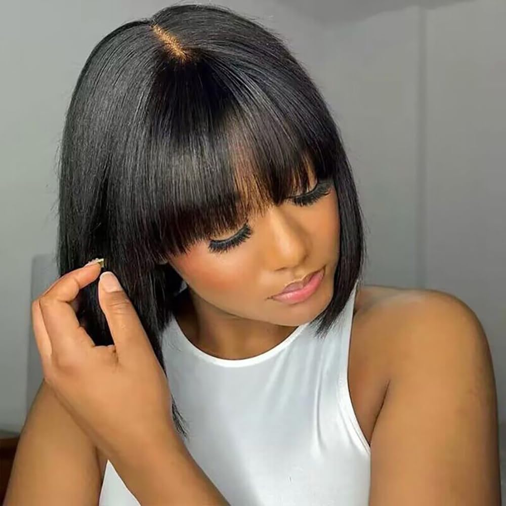 Lusina Bob Wig Human Hair With Bangs Glueless 10 Inch Style