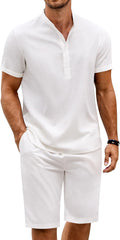 Men's Henley Linen Short Set - Lightweight Summer Beach Outfit Top