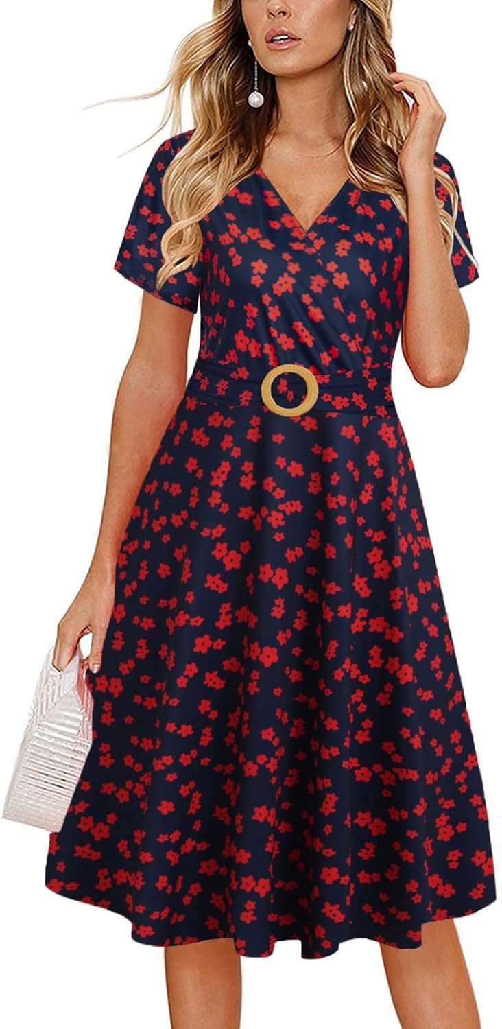 Elegant Criss-Cross V Neck Vintage Tea Dress with Pockets