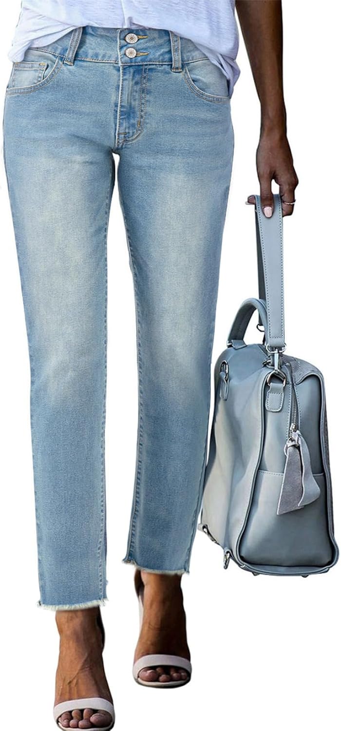 High Waisted Straight Leg Jeans with Raw Hem for Women